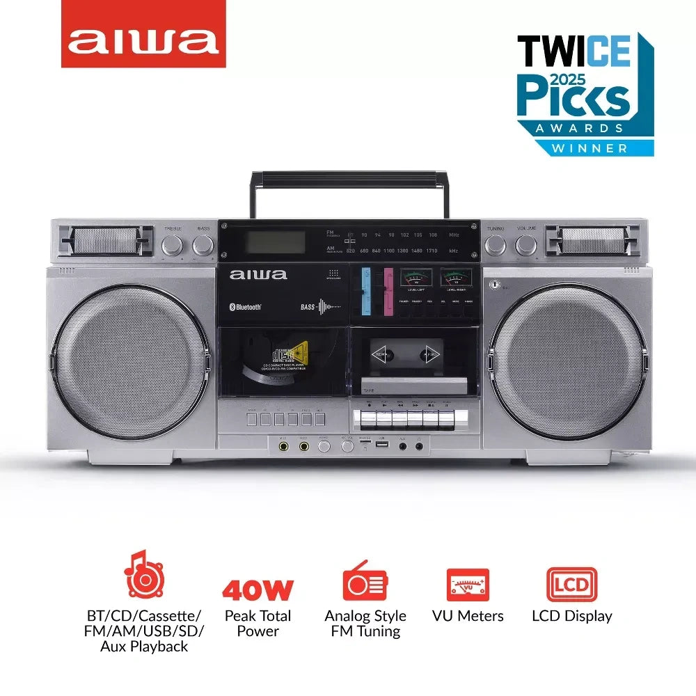 AIWA Retro Boombox CD Player with Cassette Recording, Bluetooth 5.0
