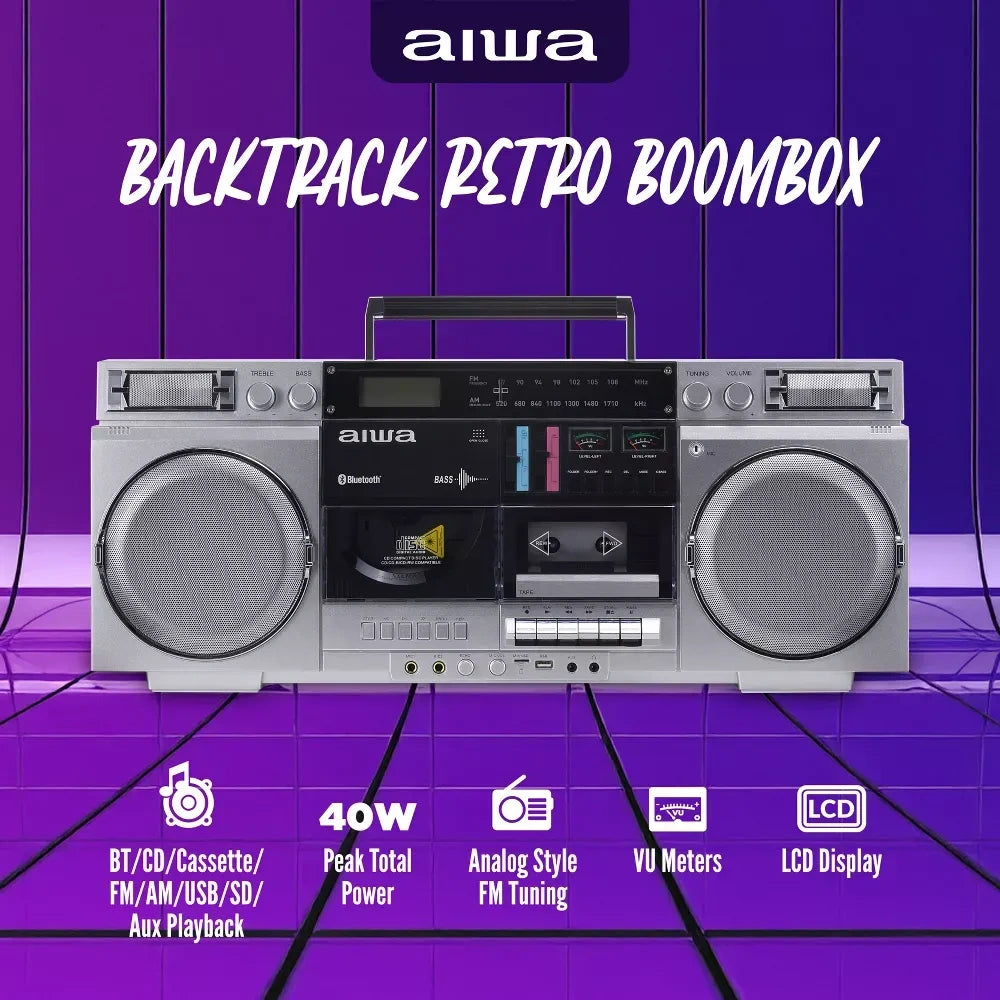 AIWA Retro Boombox CD Player with Cassette Recording, Bluetooth 5.0