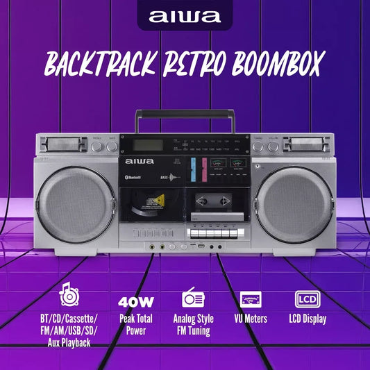 AIWA Retro Boombox CD Player with Cassette Recording, Bluetooth 5.0