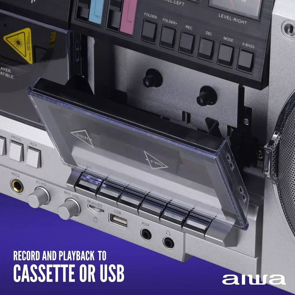AIWA Retro Boombox CD Player with Cassette Recording, Bluetooth 5.0