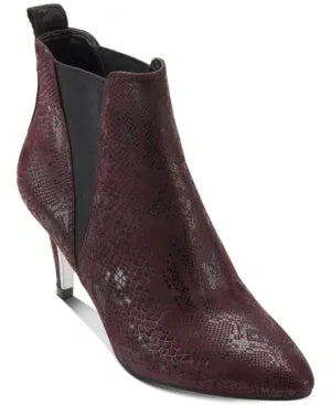 Womens Burgundy Snakeskin Comfort Toe Kitten Heel Leather Booties 6.5 M (NEW)