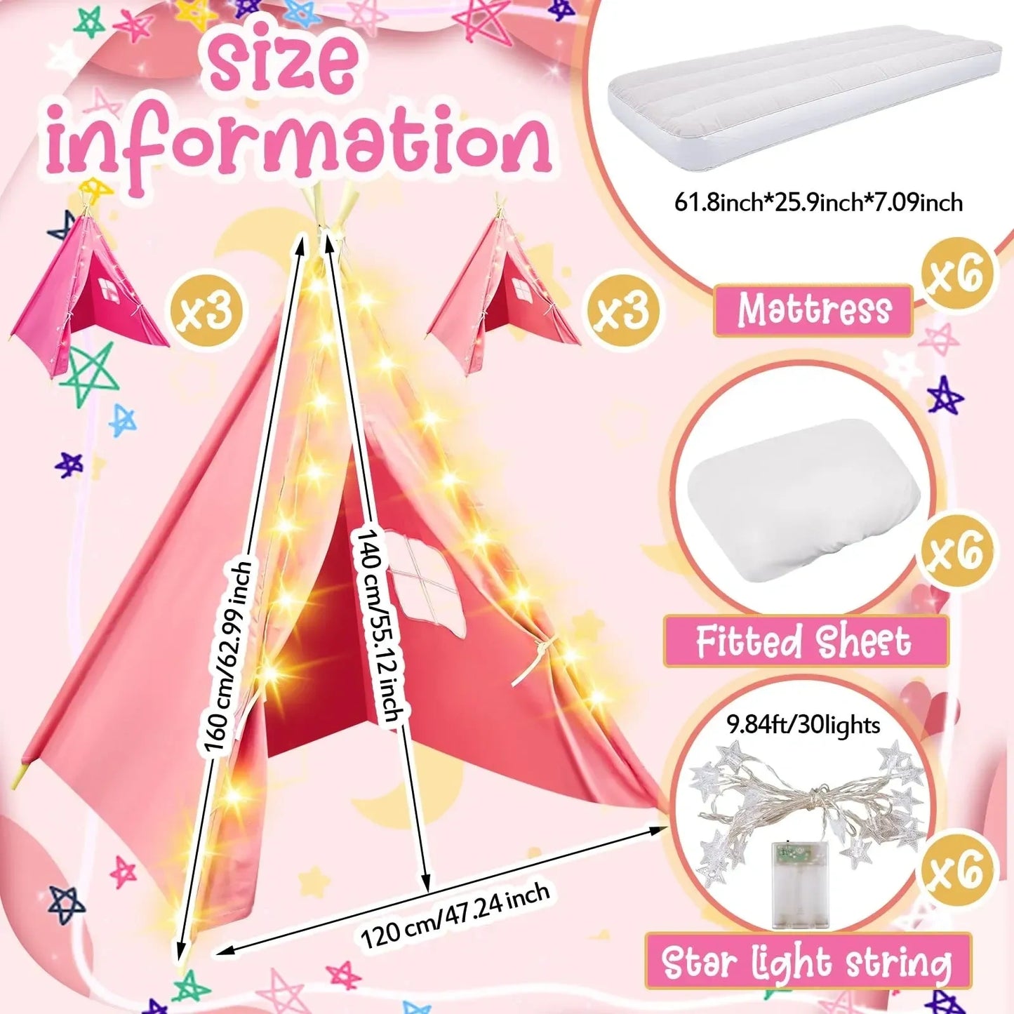 Lemosae 6 Pack Sleepovers Teepee Tent for Kids (NEW)