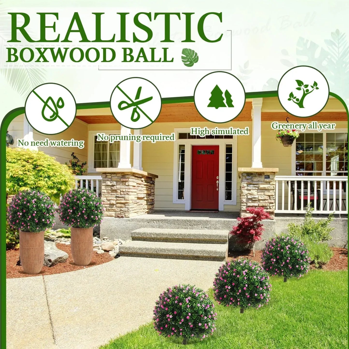 Artificial boxwood balls with pink flowers 6 Pieces (NEW)